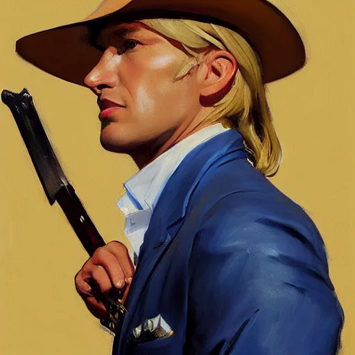 Image similar to greg manchess portrait painting of a blond man in a blue suit with a sword and a pistol, asymmetrical, profile picture, organic painting, sunny day, matte painting, bold shapes, hard edges, street art, trending on artstation, by huang guangjian, gil elvgren, ruan jia, randy vargas, greg rutkowski