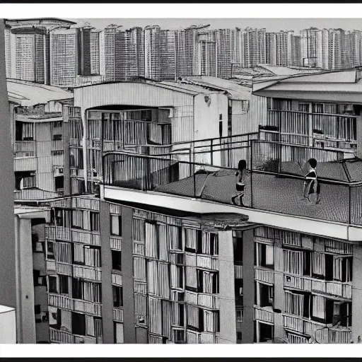 Image similar to art of two singapore students on the roof of a hdb flat, watching the neighbourhood, by moebius