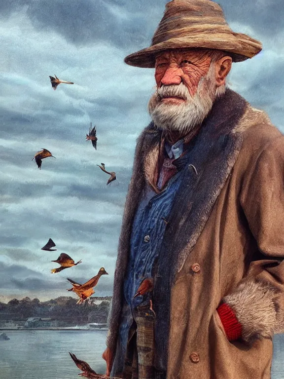 Image similar to realistic renderings portrait of very old fisher man portrait with a hat, wearing a fisher 🧥, coloured wears, ( ( ( ( ( a bird in the sky ) ) ) ) ) port scene background, astonishing scenes, detailed, photorealism, volumetric lighting, autumn lights colors, ultra detailed