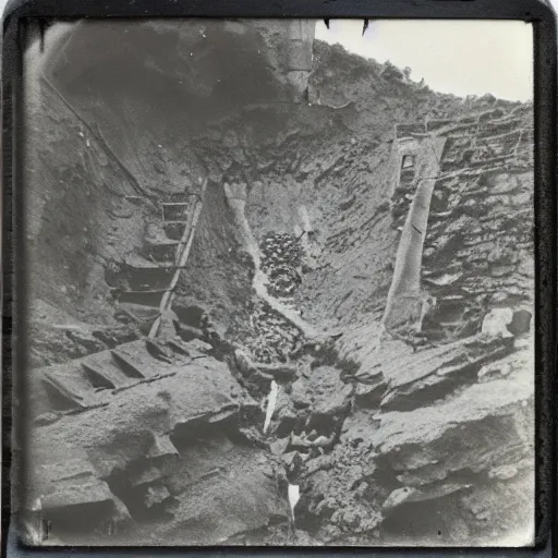 Image similar to looking over the edge of a wide mine shaft with water flowing down the walls into a dark hole, creepy, eerie, unsettling, terrifying, jagged rocks, dark, old polaroid, expired film,