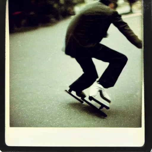 Image similar to vintage polaroid photograph of a man skating on a sidewalk, heavy motion blur