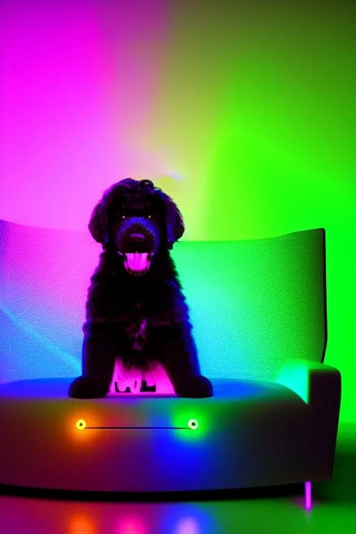 Prompt: young gamer sitting in gaming chair + neon rgb light strips, large computer monitor, galaxy themed room, cute bernedoodle puppy sitting at his feet, 4 k, award winning, octane render, volumetric lighting
