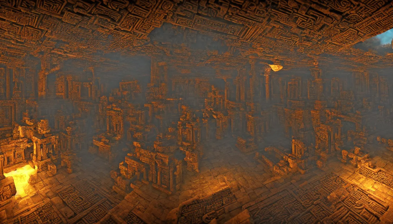Prompt: majestic expansive ancient mayan temple halls , side-scrolling 2d platformer game level, glittering dust in the air illuminated by the dusk sun through the ceiling cracks, fantasy totem ruins with intricate mayan glyphs, volumetric light , detailed carved ornaments, rich color, upscale , 8k