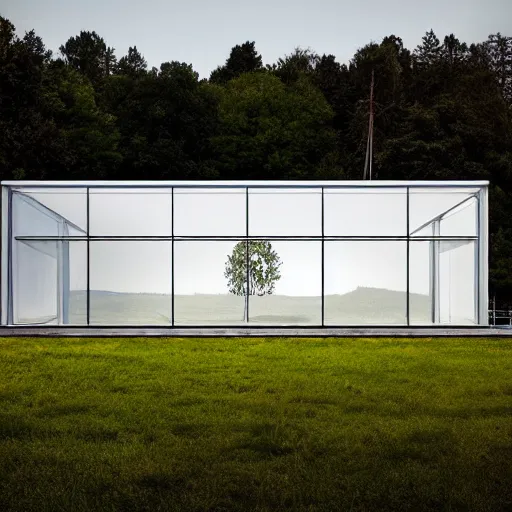 Prompt: hyperrealistic photo of a minimalist glass house in a rural landscape. the house is wrapped in billowing white fabric. the fabric is translucent white mesh. the fabric hangs from metal scaffolding.