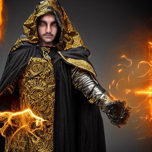 Image similar to an ancient mage, with dark sik and magic fire sparks coming out of his hands, grey black hair, dressed in a very long, black and gold coloured cloak with intricate golden geometric shapes, very real, ultra realistic, photorealistic, 8k, ultra detailed