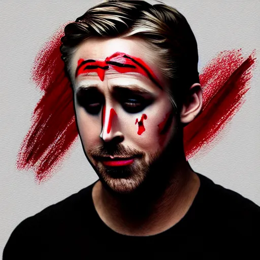 Prompt: ryan gosling with his face painted black and his lips painted red wearing a white shirt, digital art, highly detailed