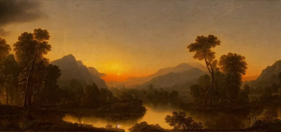 Image similar to a forest with diamond trees at sunset there is golden castle off in the distance, highly detailed landscape painting by claude lorrain, golden hour, misty ominous atmosphere