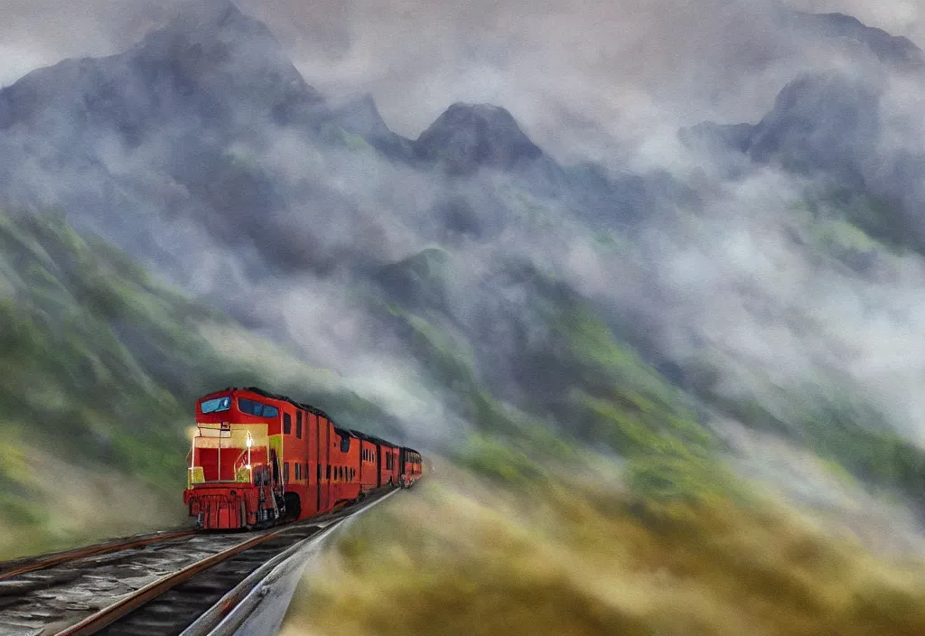 Prompt: a digital painting of a train in the mountains and there is fog in the distance aproaching
