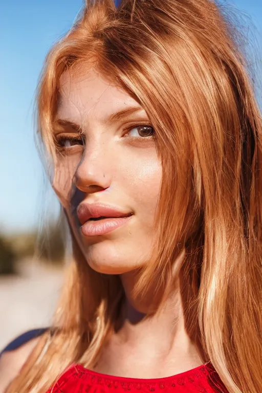 Prompt: olive skinned female model in her twenties with strawberry - blonde hair, wearing a designer top, looking content, focused on her neck, photo realistic, extreme detail skin, natural beauty, no filter, slr, golden hour, 4 k, high definition, selfie