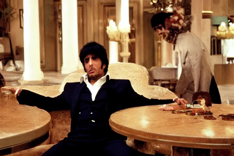 Image similar to tony montana from movie scarface 1 9 8 3 sitting behind a big black oak table with big large packages of flour. long shot. al pacino. perfect symmetric face, coherent eyes, fine details, 4 k, ron cobb, cinestill. last scene from scarface movie