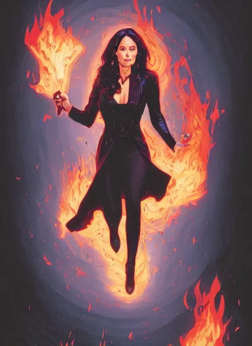 Image similar to a 8K DC comic of Prue Halliwell as Zatanna from DC comics , wavy hair . D&D style, sharp definition, surrounded by flames. Art by by Greg Rutkowski and Dan Mumford.