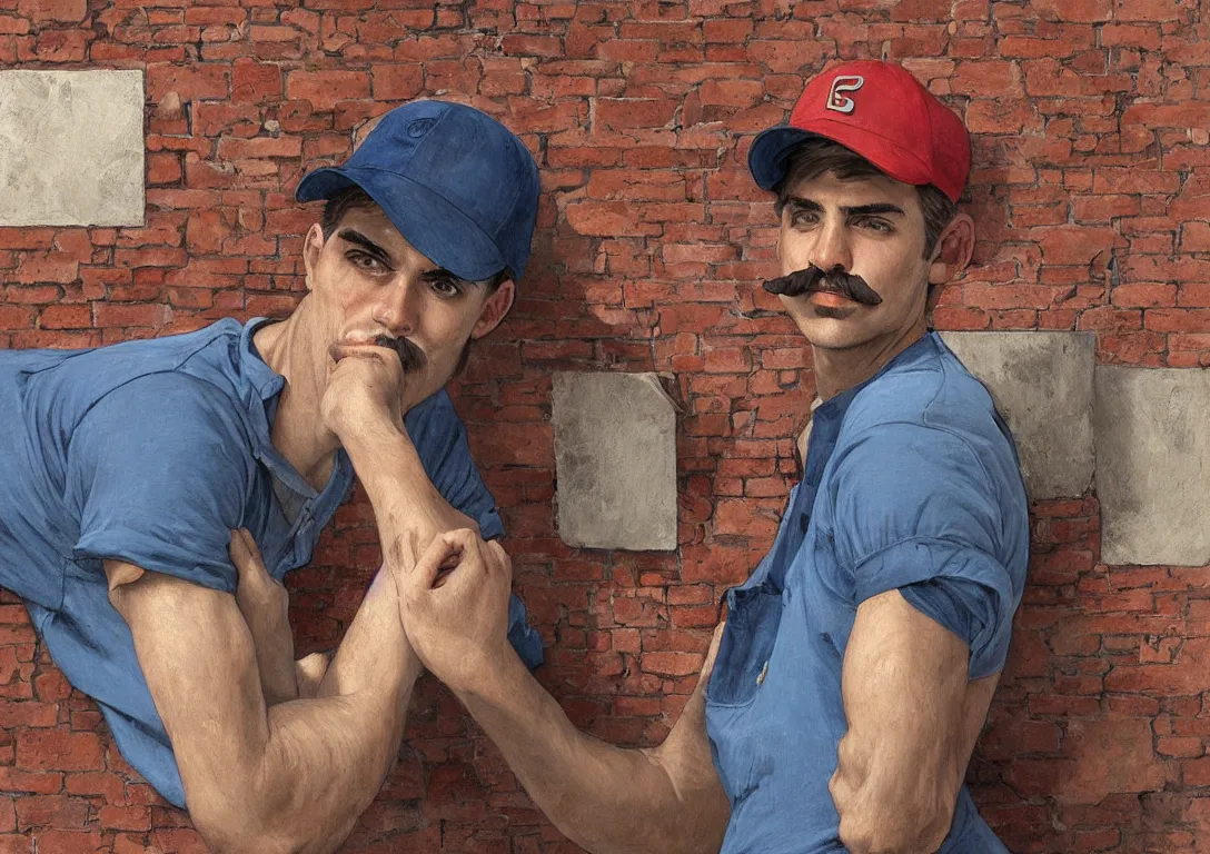 Image similar to italian man in blue overalls and red shirt with a red baseball cap and a big brown mustache hiding behind a brick wall, dark mood, highly detailed, digital painting, artstation, illustration, art by artgerm and greg rutkowski and alphonse mucha