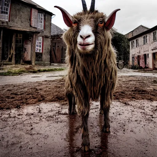 Image similar to horror, cinematic, still from film, daytime, muddy village square, wide shot, mutant goat monster with a mouth crammed full of sharp teeth, filthy matted fur and mountain goat horns, village square