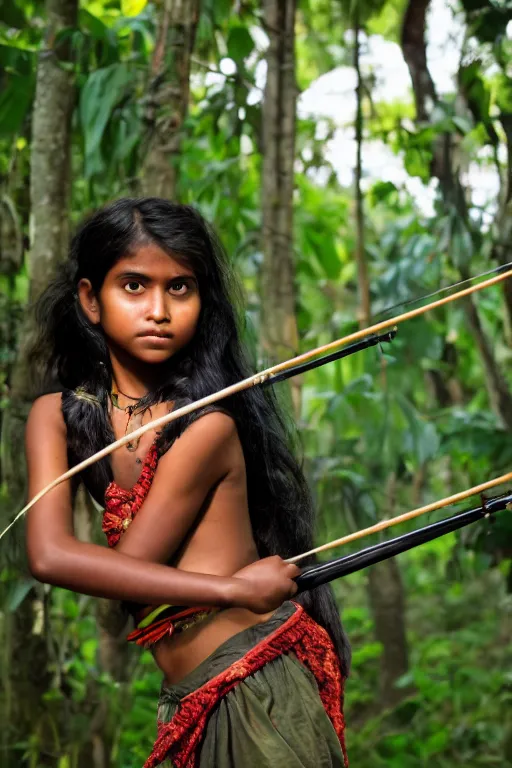 Image similar to a professional photo of a sri lankan jungle girl, black hair, hunter, with bow and arrow, extremely high fidelity, natural lighting.