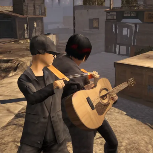 Prompt: Tatsuro Yamashita performs music for a lone child, 3rd person, Fallout New Vegas, with GUI