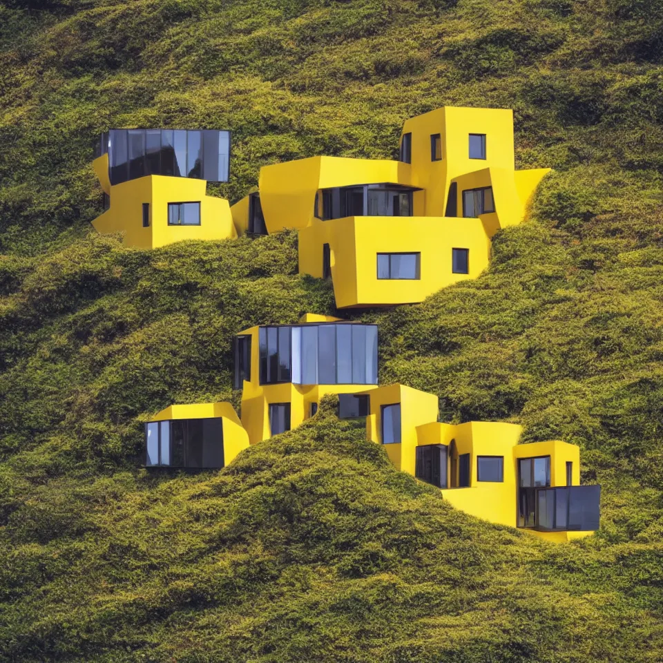 Image similar to a tiny flat horizontal house on a cliff, designed by Frank Gehry. Big tiles. Small wooden pathway . Film grain, cinematic, yellow hue