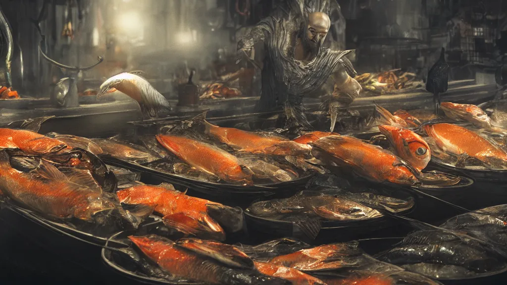 Prompt: close-up photo of Sauron selling fish at fish market, volumetric lighting, unreal engine 5, ethereal ghostly atmosphere, photorealistic, vibrant colors, somber melancholic matte painting, hyperrealism, hyperrealistic, cinematic masterpiece, fantasy style 8k ultrahd octane render