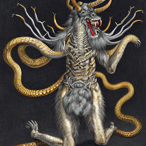 Image similar to He stands on two legs and has human arms ending in claws, with two pairs of wings, a scorpion's tail, a snake that emerges from between his legs in front, and a horned, bearded head with bulging eyes and snarling canine mouth swirls of black gouache, hopeless grey, and a daub of cold blue, intricate, highly detailed, digital painting, artstation, concept art, smooth, sharp focus, illustration, Unreal Engine 5, 8K, art by artgerm and greg rutkowski and alphonse mucha, fantasy epic digital art, epic fantasy card game art