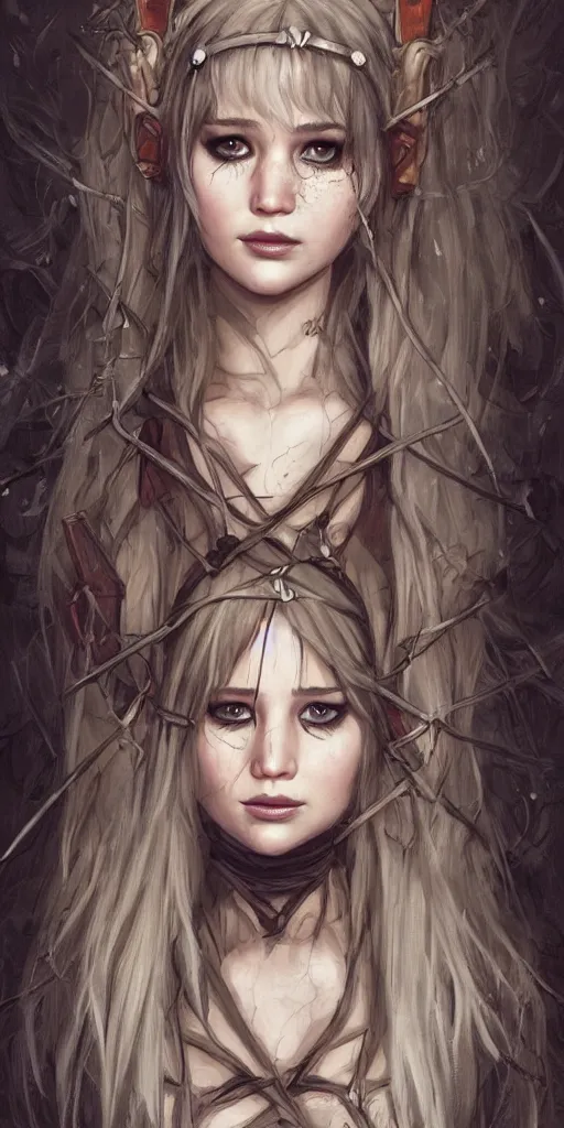 Image similar to Jennifer Lawrence scarecrow princess , dungeons and dragons character art, cute anime cat ears, character portrait, woman, very pretty face, wearing leather and lace, bare shoulders, cinematic lighting, in the style of Charlie Bowater, Tom Bagshaw, single face, symmetrical, headshot photograph, cinematic, portrait, Raphaelite, headroom, artstation, Pierre-Auguste Renoir