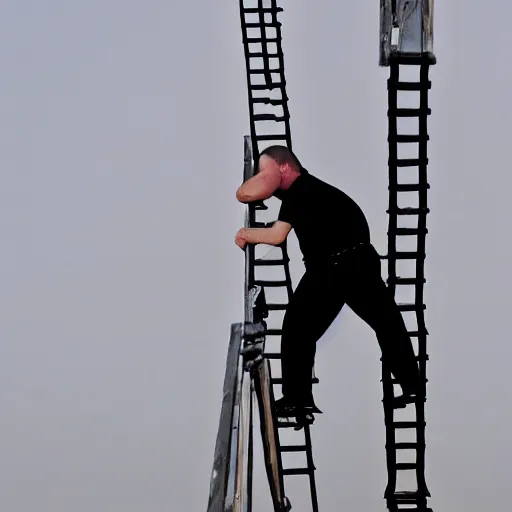 Prompt: A 500 pound man climbing a ladder