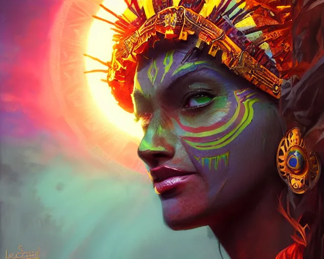 Image similar to aztec sun goddess, vivid colors, dark shadows, contrast, concept art, sharp focus, digital art, Hyper-realistic, 4K, Unreal Engine, Highly Detailed, Dramatic Lighting, Beautiful, by Brom, bastien lecouffe-deharme