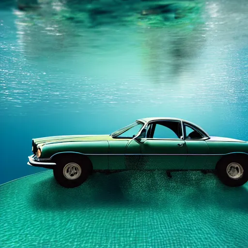 Prompt: hyperrealistic photo of an old jaguar car, half underwater in a swimming pool, 4 k, 8 k, thin film, full shot