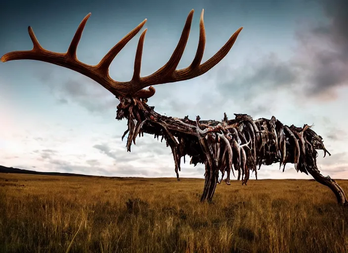 Image similar to photograph of a horrifying nature monster made of animal parts, tree parts, bones, antlers and an extremely long neck, in a meadow, dramatic lighting, full frame photography