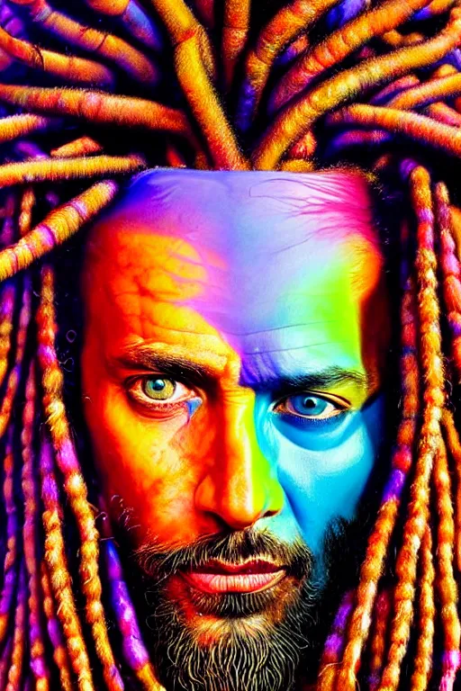 Image similar to hyperrealistic close - up portrait of psychedelic colorful acid neuro - shaman dreadlocks hippy highly detailed concept art eric zener elson peter cinematic hard lighting high angle hd 8 k sharp shallow depth of field, inspired by denis villeneuve and zdzisław beksinski