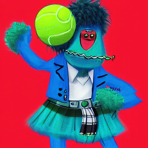 Prompt: a tennis ball monster wearing a scottish kilt, big mustache, scotland blue, digital art, fantasy, magic, chalk, trending on artstation, ultra detailed, professional illustration by basil gogos