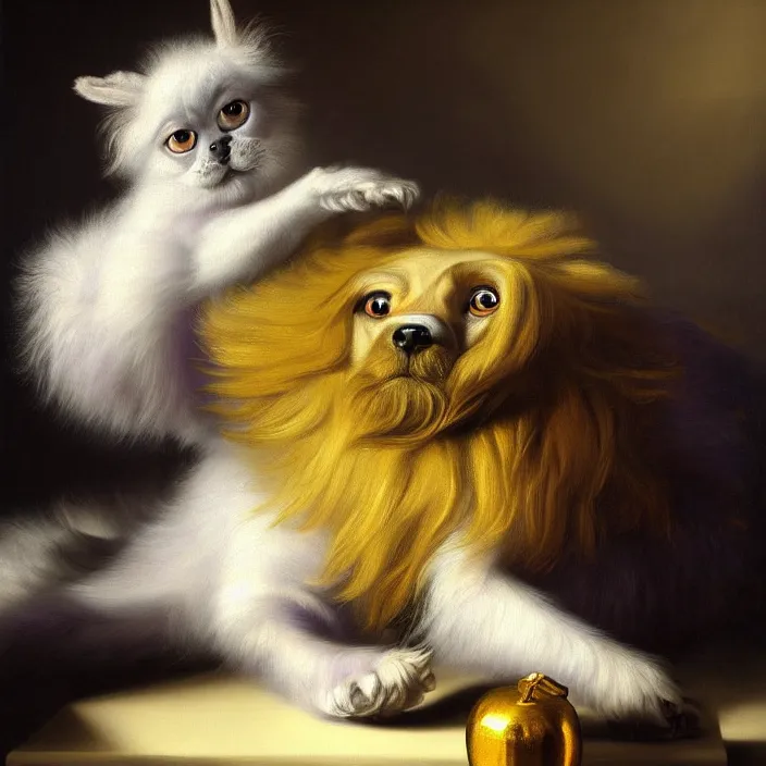 Prompt: still life painting of a beautiful cute purple hairy monster by pieter claesz, oil on canvas, strong lighting, highly detailed, hyper realism, golden hour, god rays, hd, 4 k