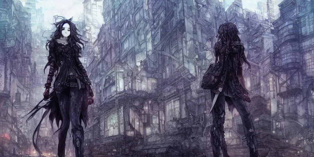 Image similar to goth woman in front of city, color page, tankoban, 4 k, tone mapping, akihiko yoshida, james jean andrei riabovitchev marc simonetti, yoshitaka amano, long hair, curly, h. hydrochaeri