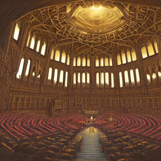 Prompt: an isometric digital painting of the octagonal chamber of the house of lords by justin gerard, paul bonner, highly detailed, volumetric lighting, gothic architecture, digital art, isometric, artstation hd