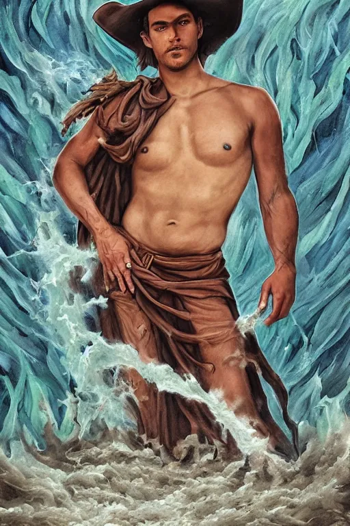 Prompt: a dramatic, epic, ethereal tarot painting of a handsome!! brown shirtless cowboy ((wearing a cowboy hat)) | background is a torrential flooding river | tarot card, art deco, art nouveau | by Mark Maggiori | trending on artstation