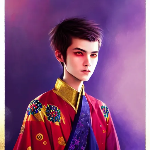 Prompt: colorful and festive captivating teenager boy with straight indigo hair, purple eyes with red eye markers, slim body, wearing a detailed japanese kimono with golden armor pieces. rich vivid colors, ambient lighting, dynamic lighting, 4 k, atmospheric lighting, painted, intricate, highly detailed by charlie bowater