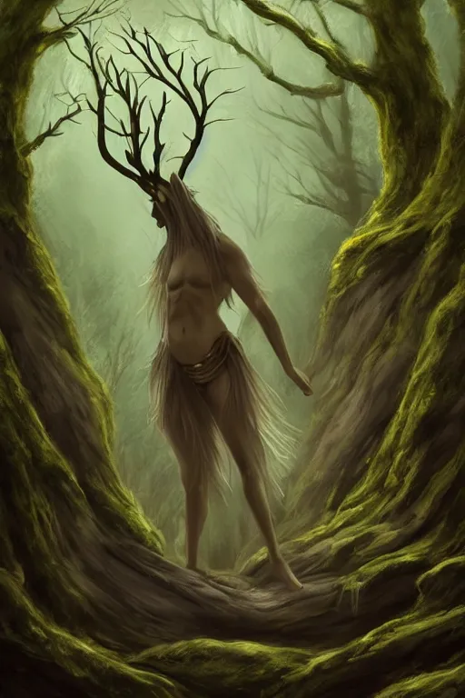 Image similar to gaelic forest spirit, qirin, god, deity, serene, wide angle, super highly detailed, professional digital painting, artstation, concept art, smooth, sharp focus, no blur, no dof, extreme illustration, Unreal Engine 5, Photorealism, HD quality, 8k resolution, cinema 4d, 3D, beautiful, cinematic, art by artgerm and greg rutkowski and alphonse mucha and loish and WLOP