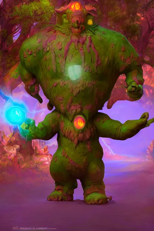 Image similar to arcane fantasy art giant golem elemental wood rock bastion forged gemstone enchanted forest troll, global illumination ray tracing hdr fanart arstation by sung choi and eric pfeiffer and gabriel garza and casper konefal lisa frank zbrush central hardmesh radiating a glowing aura