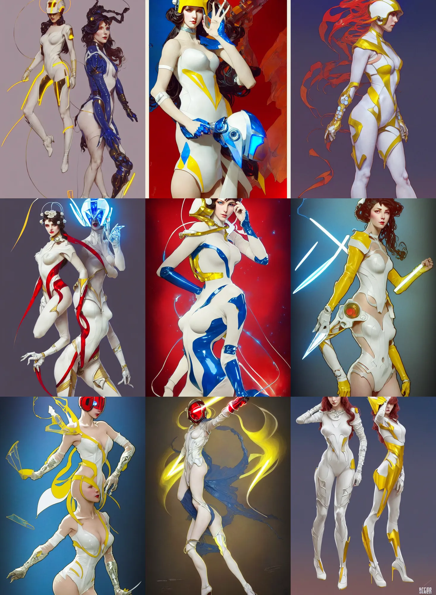 Image similar to a full body character design by artgerm, greg rutkowski and alphonse mucha. sci - fi dagger. laser white and yellow tape and red translucent plastic tape project show attctive showgirl!! sci - fi helmet electric blue eyes!! sharp edges. contour light effect!! ultra detailed, elegant, intricate, octane render.