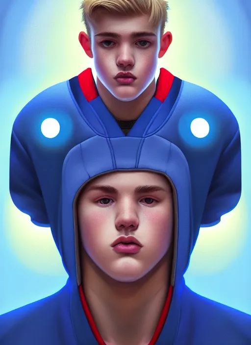 Image similar to portrait of high school senior boy named big moose, blonde short hair, jock, beefy, wide face, square jaw, square facial structure, blue varsity jacket with letter r, intricate, elegant, glowing lights, highly detailed, digital painting, artstation, concept art, sharp focus, illustration, art by wlop, mars ravelo and greg rutkowski