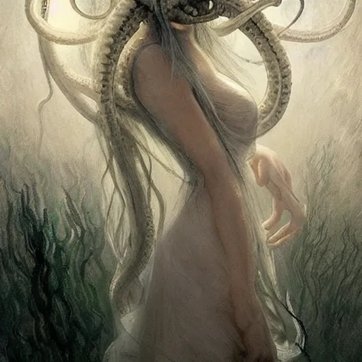 Image similar to a woman with tentacles as arms and with a long white dirty dress have a horrific face and long white hair, elegant, ethereal horror fantasy art by greg rutkowski and magali villeneuve and claude monet