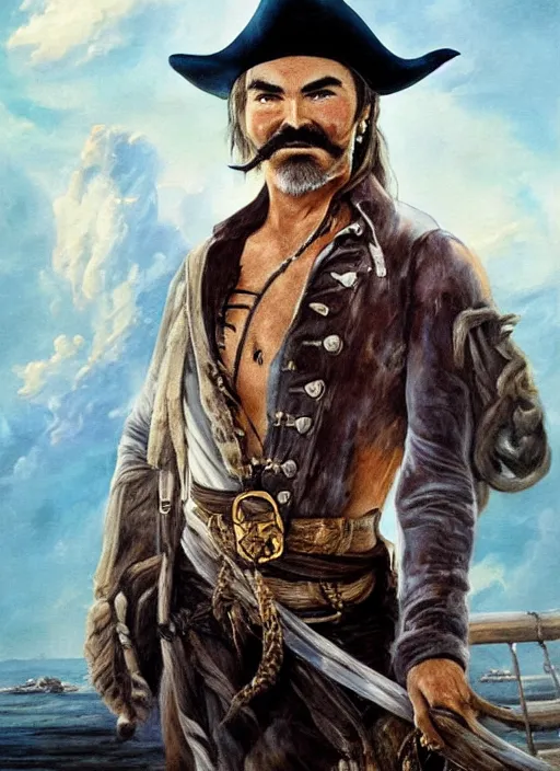 Prompt: a beautiful painting portrait movie poster of burt reynolds in Pirates of the Carribean 6, matte painting, fantasy art, dark but detailed digital art, highly detailed, a masterpiece trending on artstation. Burt Reynolds as a young but messy pirate and layabout in this HD preview poster