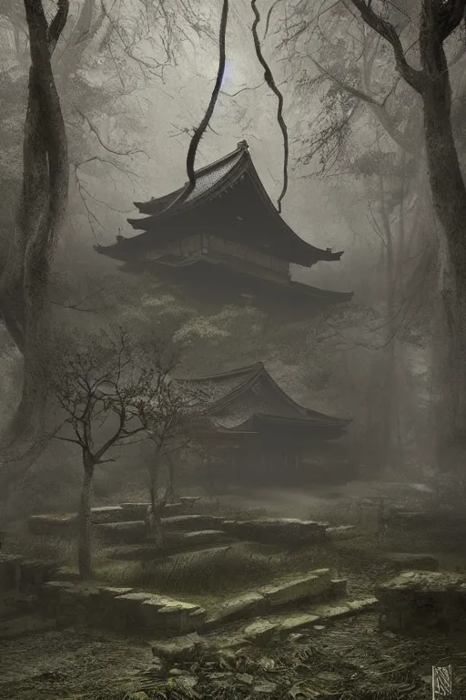 Image similar to Japanese abandoned temple in the woods, dark, moody, foggy, mysterious by Marc Simonetti