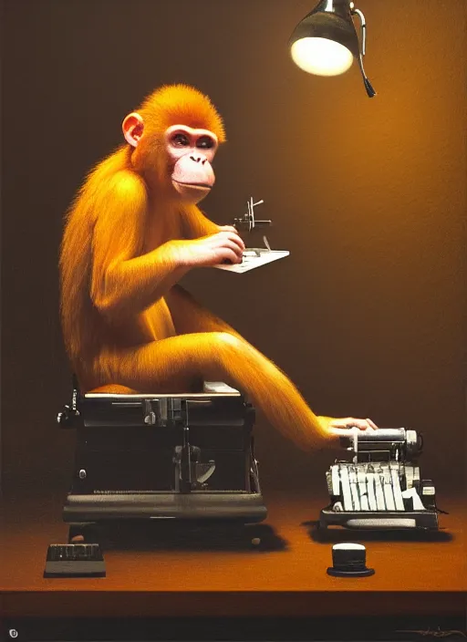 Image similar to medium shot, cinematic, cute realistic orange monkey is typing on the remingtone typewriter, enhancements, soft lighting, by john ward, by arthur walker, by vermeer, by monet, oil on canvas, royal academy, masterpiece, trending on artstation, cinematic composition, dramatic pose, beautiful lighting, sharp, details, hyper - detailed, hd