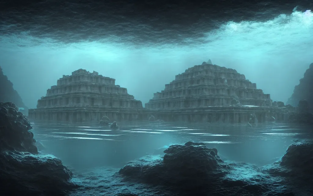 Prompt: wide shot, submerged pre - incan temple, dark, grenada underwater sculpture park, symmetrical, bubbles, abyss, anime style mixed with fujifilm, detailed gouache paintings, stylized, dark, murky, foggy, atmospheric, artstation, cgsociety, octane render, cgi, unreal engine 5, denoise, cinematic masterpiece