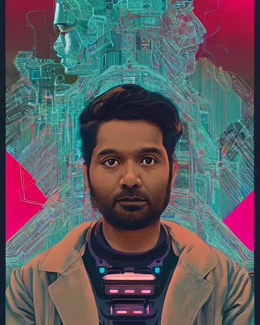 Image similar to portrait of Himesh Patel as a cyborg. intricate abstract. intricate artwork. by Tooth Wu, wlop, beeple, dan mumford. mulholland drive by david lynch, dune by david lynch, blade runner 2049 by dennis villeneuve, patrick nagel, octane render, trending on artstation, greg rutkowski very coherent symmetrical artwork. cinematic, hyper realism, high detail, octane render, 8k, iridescent accents