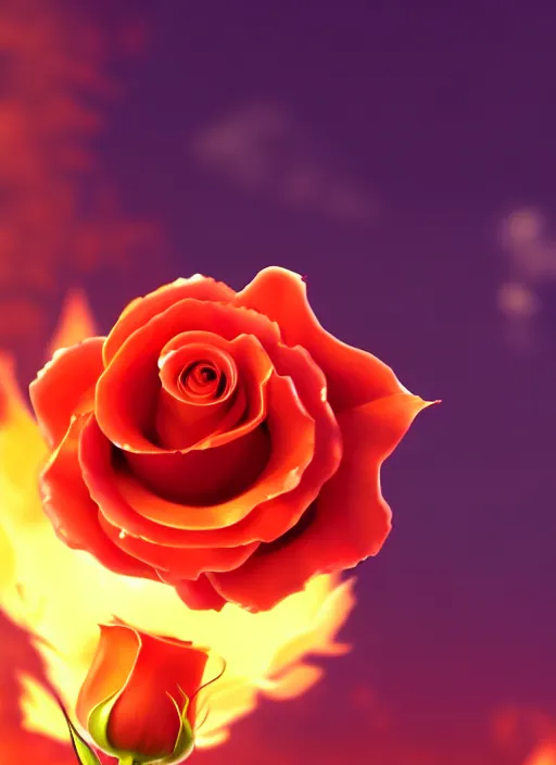 Prompt: a single rose flower in flame, scenery wallpaper aesthetic, anime style, closeup view, beautiful, cinematic, dramatic, super detailed and intricate, hyper realistic, 4 k render, by koson ohara, by darwyn cooke