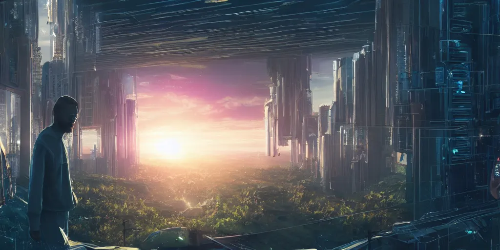 Image similar to a cinematic composition depicting : a translucid crystal - being viewing out of their window how a high tech lush solarpunk tribe with their technology is encroaching on a distant cyberpunk world at sunrise