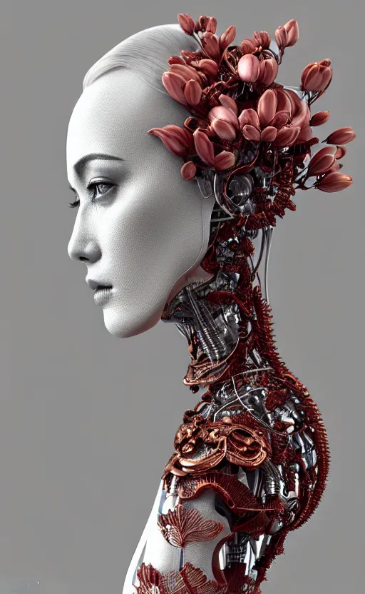 Image similar to complex 3d render ultra detailed of a beautiful porcelain profile woman face, mechanical cyborg, 150 mm, beautiful 3 point lighting, rim light, silver gold red details, luxurious magnolia with leaves and stems, roots, Alexander Mcqueen haute couture, fine foliage lace, mesh wire, filigran intricate details, hyperrealistic, mandelbrot fractal, anatomical, robotic parts, facial muscles, cable electric wires, microchip, elegant, octane render, 8k post-processing