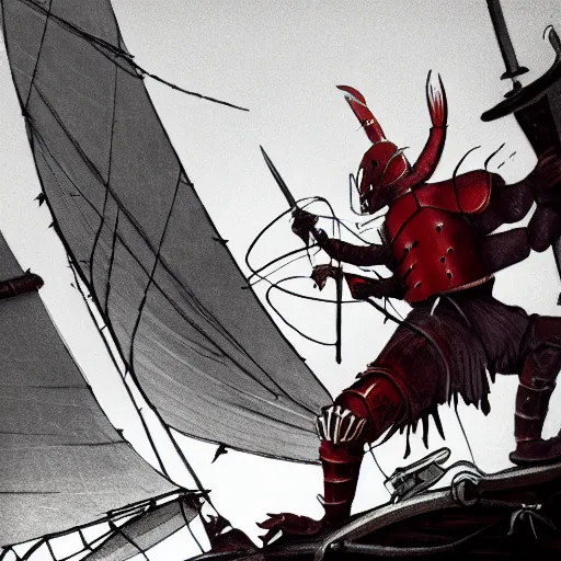 Image similar to a photo of the Lobster Knight walking onto an old run down sailship with a claw arm and a human arm holding a sword, 8k, hyper realistic,fine details, foreboding