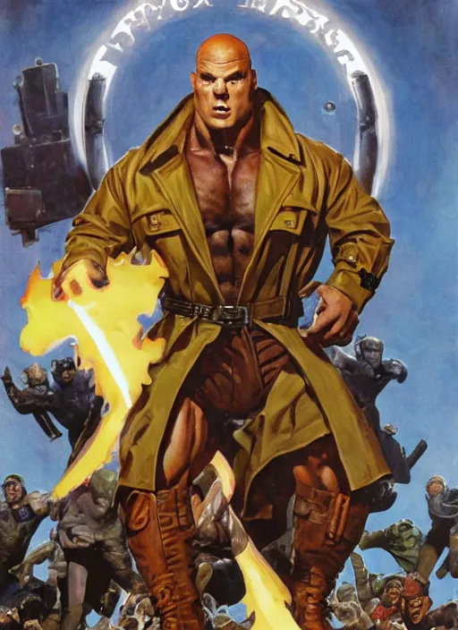 Image similar to full body and head portrait of hulking martyn ford wearing a trench coat as juggernaut, dynamic action painted by norman rockwell and phil hale and greg staples and tom lovell and frank schoonover and jack kirby