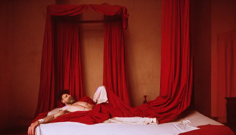 Prompt: movie still of marcus aurelius, skinny, ill, in his bed with red drapery in a ancient room with columns, cinestill 8 0 0 t 3 5 mm, high quality, heavy grain, high detail, cinematic composition, dramatic light, anamorphic, hyperrealistic